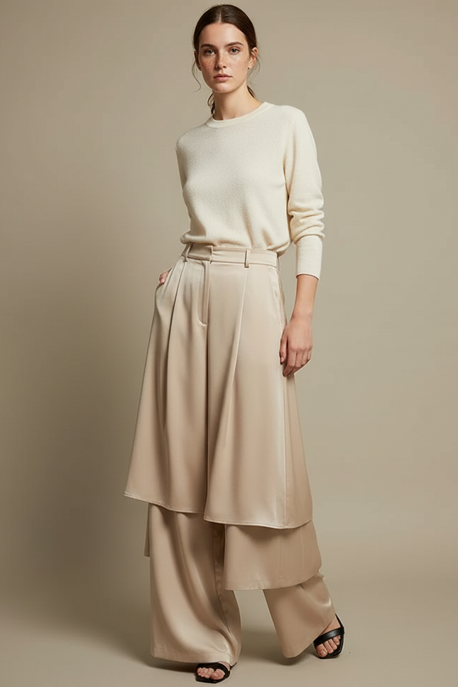 Pantalon Jupe Beige Satiné Fluide Superposé Élégant
