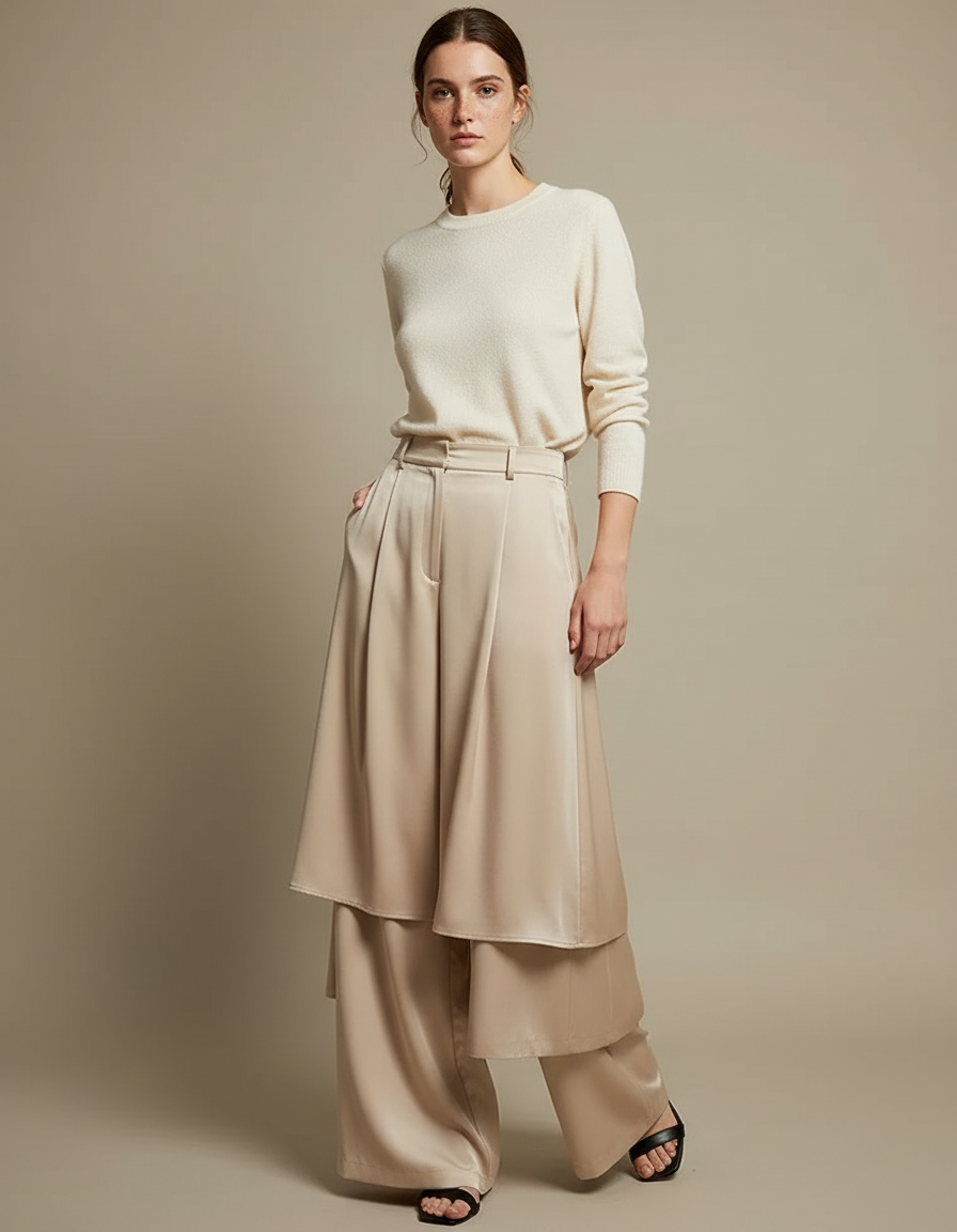 Pantalon Jupe Beige Satiné Fluide Superposé Élégant
