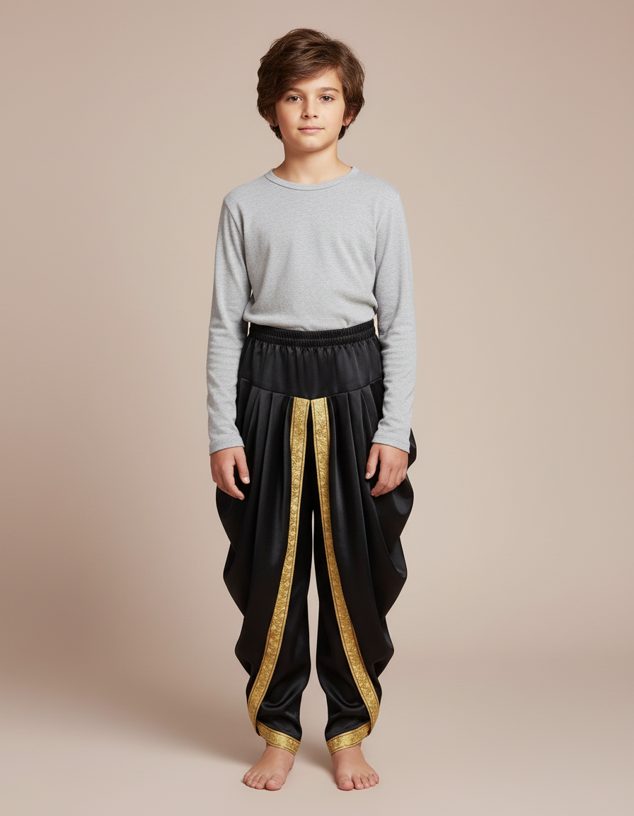 Pantalon Jupe Noir Satiné Ample Doré Enfant