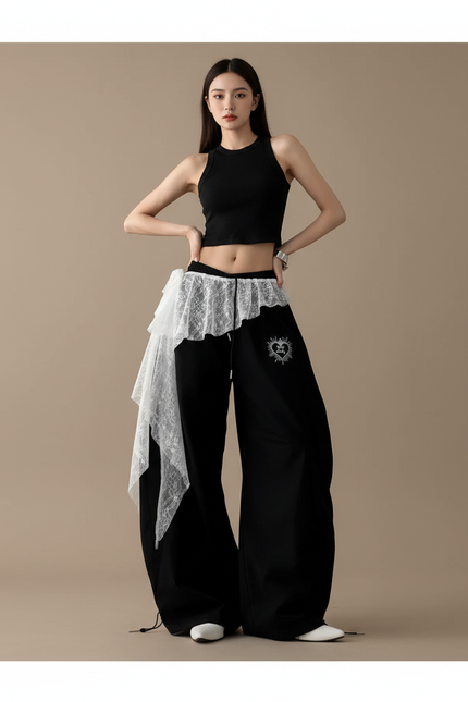 Pantalon Jupe Noir Ample Brodé Dentelle Irrégulière - Coton