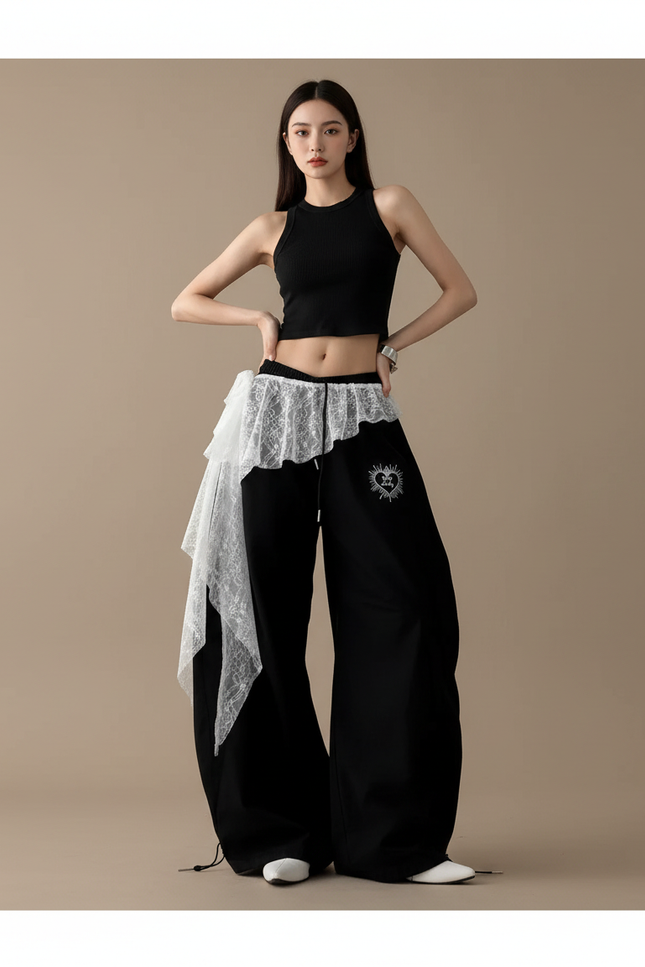 Pantalon Jupe Noir Ample Brodé Dentelle Irrégulière - Coton
