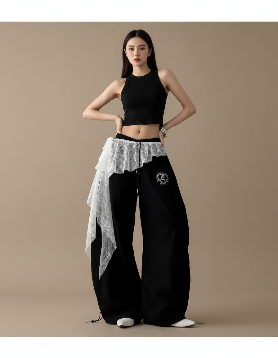 Pantalon Jupe Noir Ample Brodé Dentelle Irrégulière - Coton
