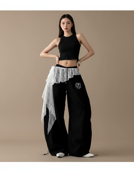 Pantalon Jupe Noir Ample Brodé Dentelle Irrégulière - Coton