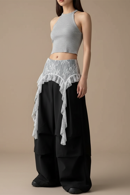 Pantalon Jupe Noir Dentelle Ample Asymétrique Fluide - Polyester