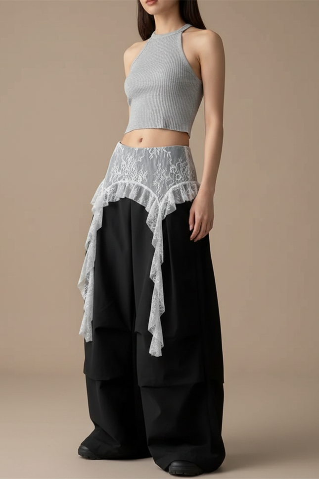 Pantalon Jupe Noir Dentelle Ample Asymétrique Fluide - Polyester