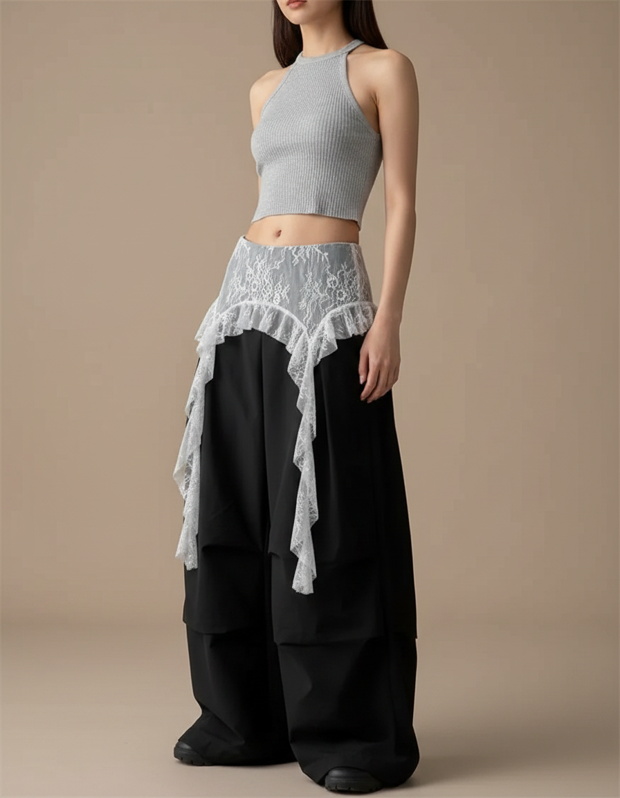 Pantalon Jupe Noir Dentelle Ample Asymétrique Fluide - Polyester