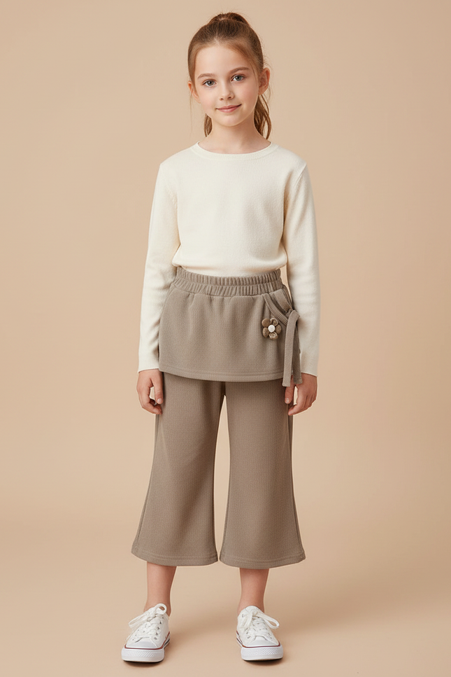 Pantalon Jupe Marron Côtelé Évasé Fleur Fille - Maille