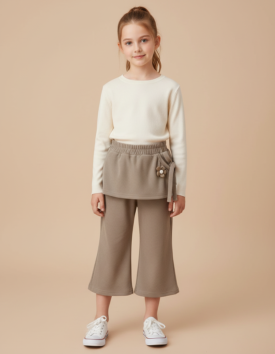 Pantalon Jupe Marron Côtelé Évasé Fleur Fille - Maille