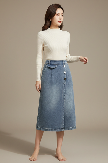 Pantalon Jupe Jean Bleu Longue Boutons Décontractée