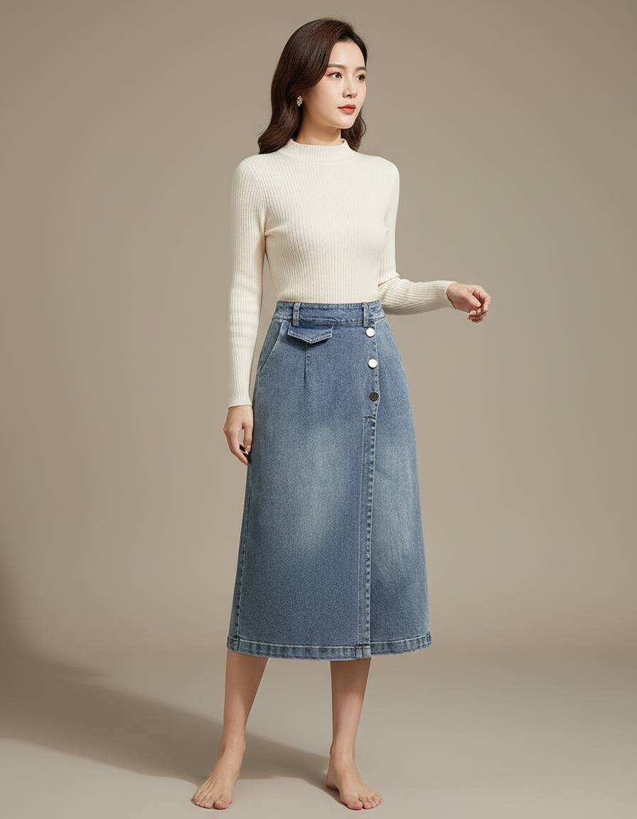 Pantalon Jupe Jean Bleu Longue Boutons Décontractée