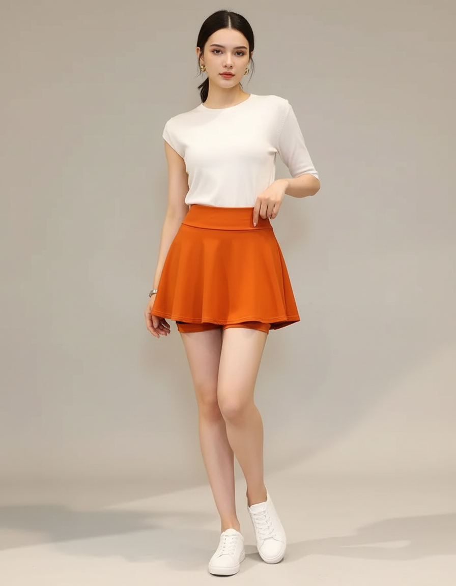 Pantalon Jupe Orange Évasé Mini Décontracté Fluide - Maille