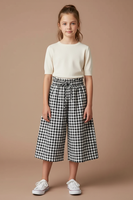 Pantalon Jupe Carreaux Noir Blanc Ample Cordon Fille - Imprimé Coton