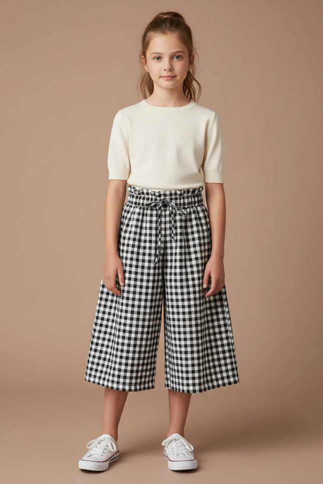 Pantalon Jupe Carreaux Noir Blanc Ample Cordon Fille - Imprimé Coton