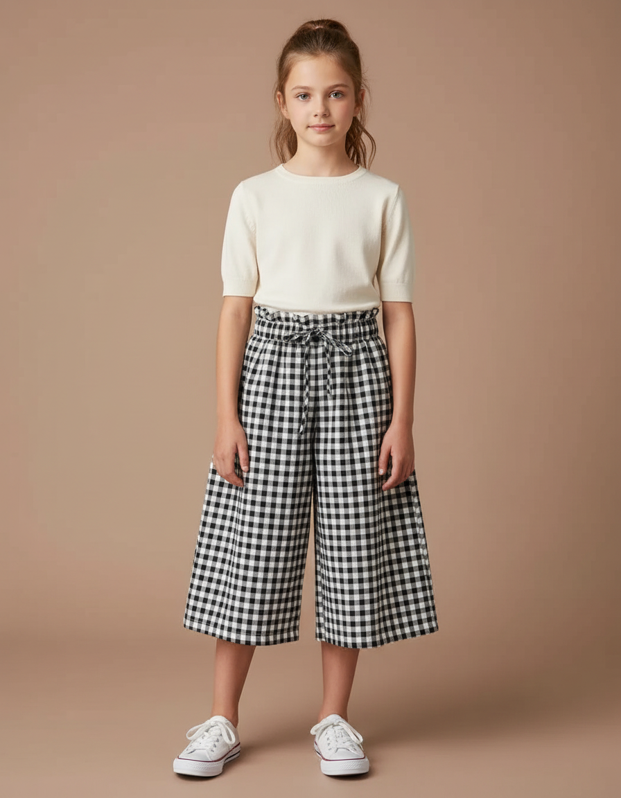 Pantalon Jupe Carreaux Noir Blanc Ample Cordon Fille - Imprimé Coton
