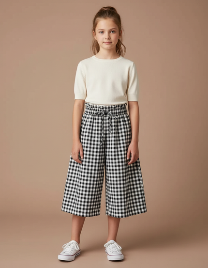 Pantalon Jupe Carreaux Noir Blanc Ample Cordon Fille - Imprimé Coton