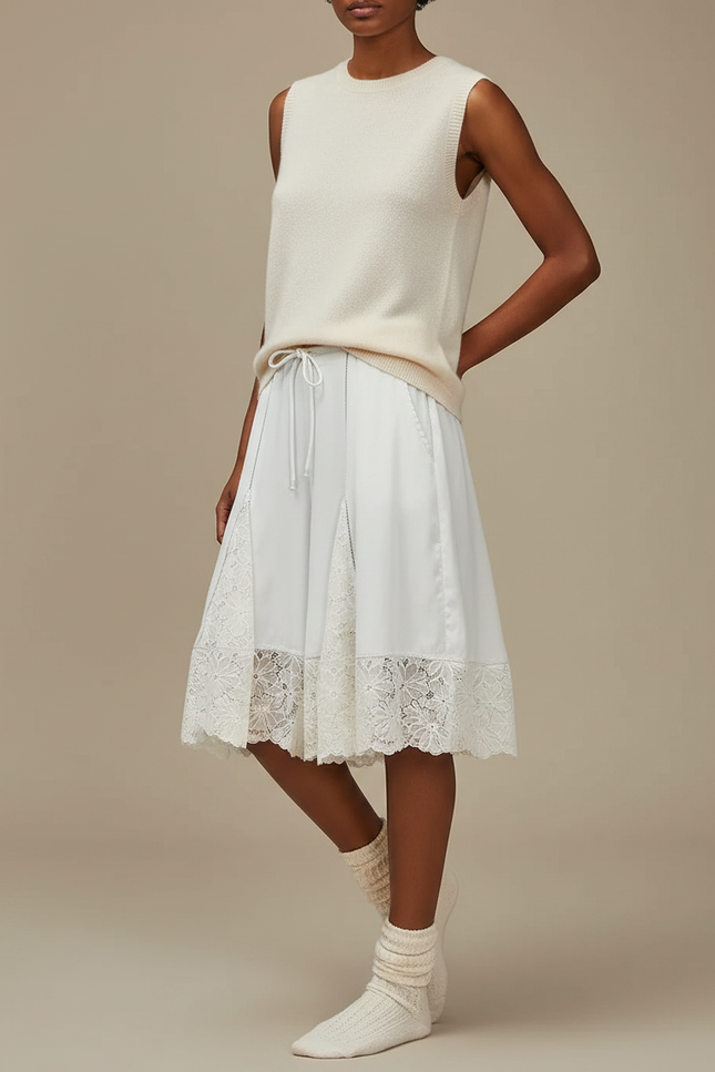 Pantalon Jupe Blanc Dentelle Fluide Ample Élégant - Viscose