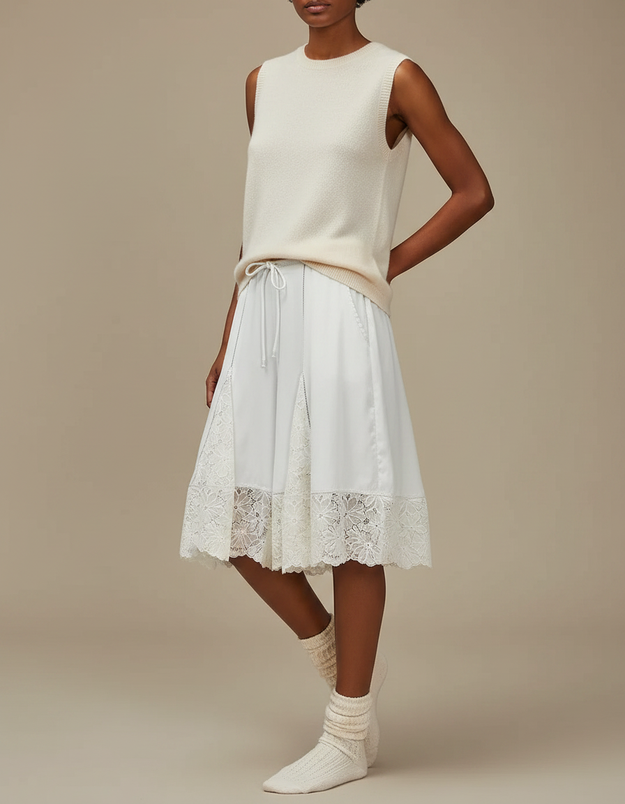 Pantalon Jupe Blanc Dentelle Fluide Ample Élégant - Viscose