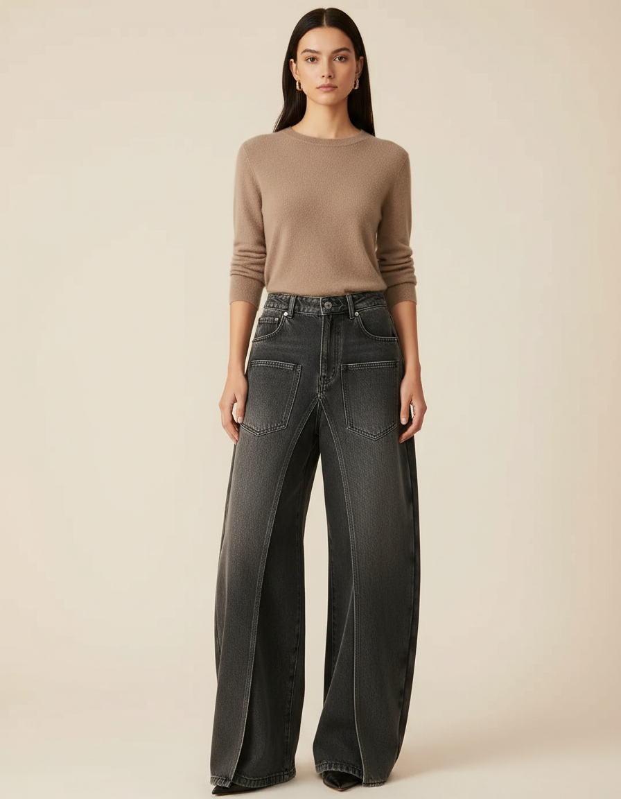 Pantalon Jupe Jean Gris Ample Décontracté Y2K