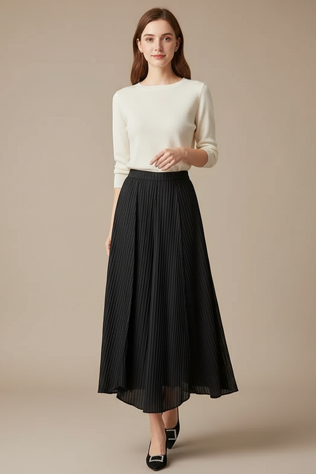 Pantalon Jupe Plissé Noir Long Élégant Fluide - Polyester