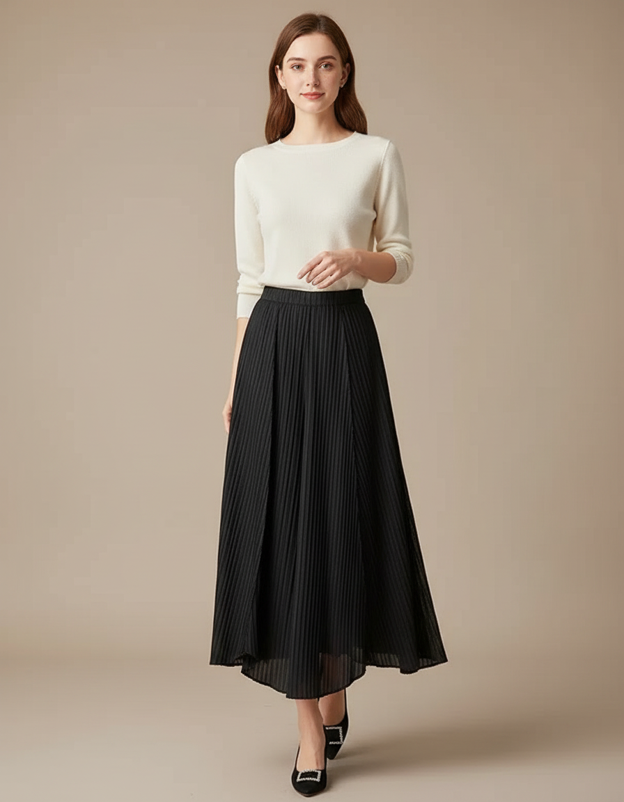 Pantalon Jupe Plissé Noir Long Élégant Fluide - Polyester