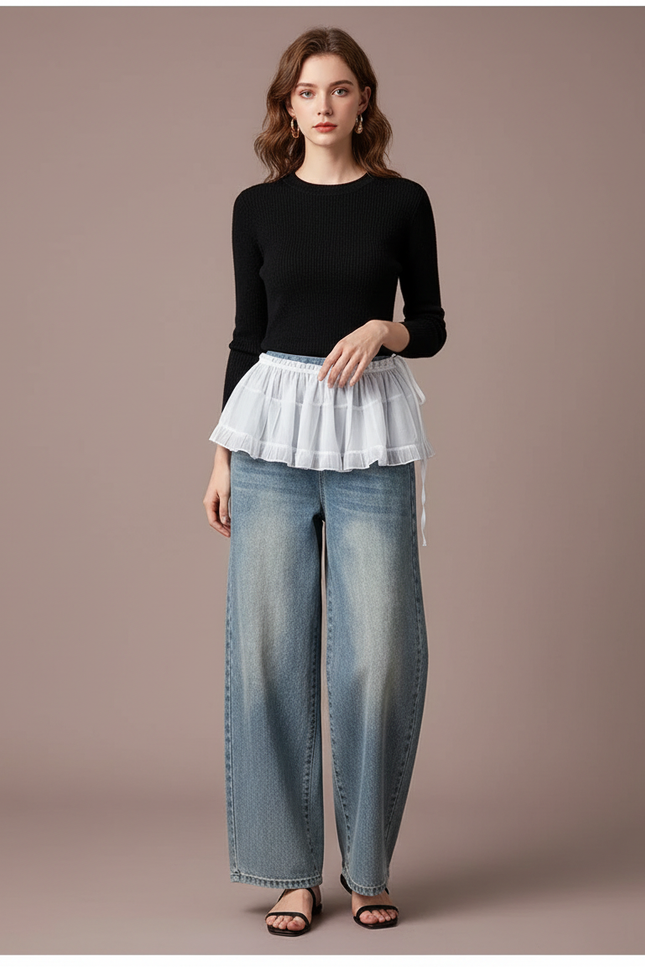 Pantalon Jupe Blanc Superposé Tulle Ample Denim - Bleu Jean