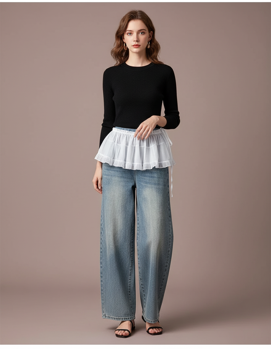Pantalon Jupe Blanc Superposé Tulle Ample Denim - Bleu Jean