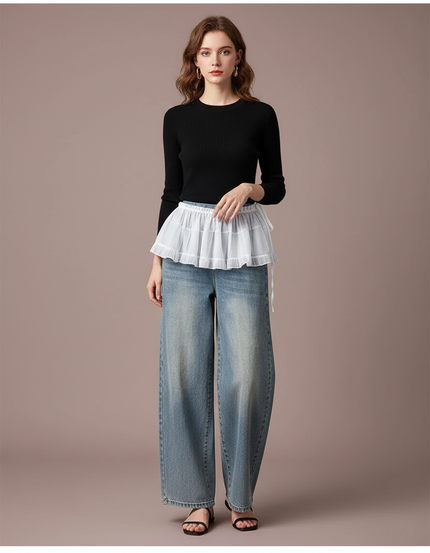 Pantalon Jupe Blanc Superposé Tulle Ample Denim - Bleu Jean