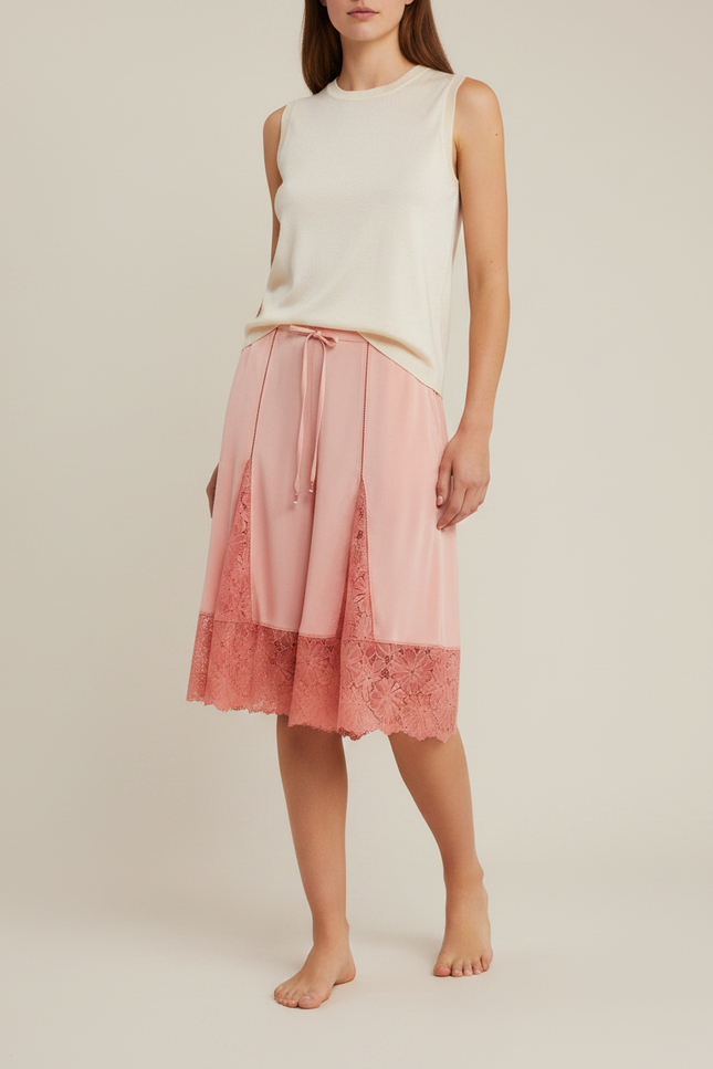 Pantalon Jupe Rose Satin Dentelle Fluide Ample