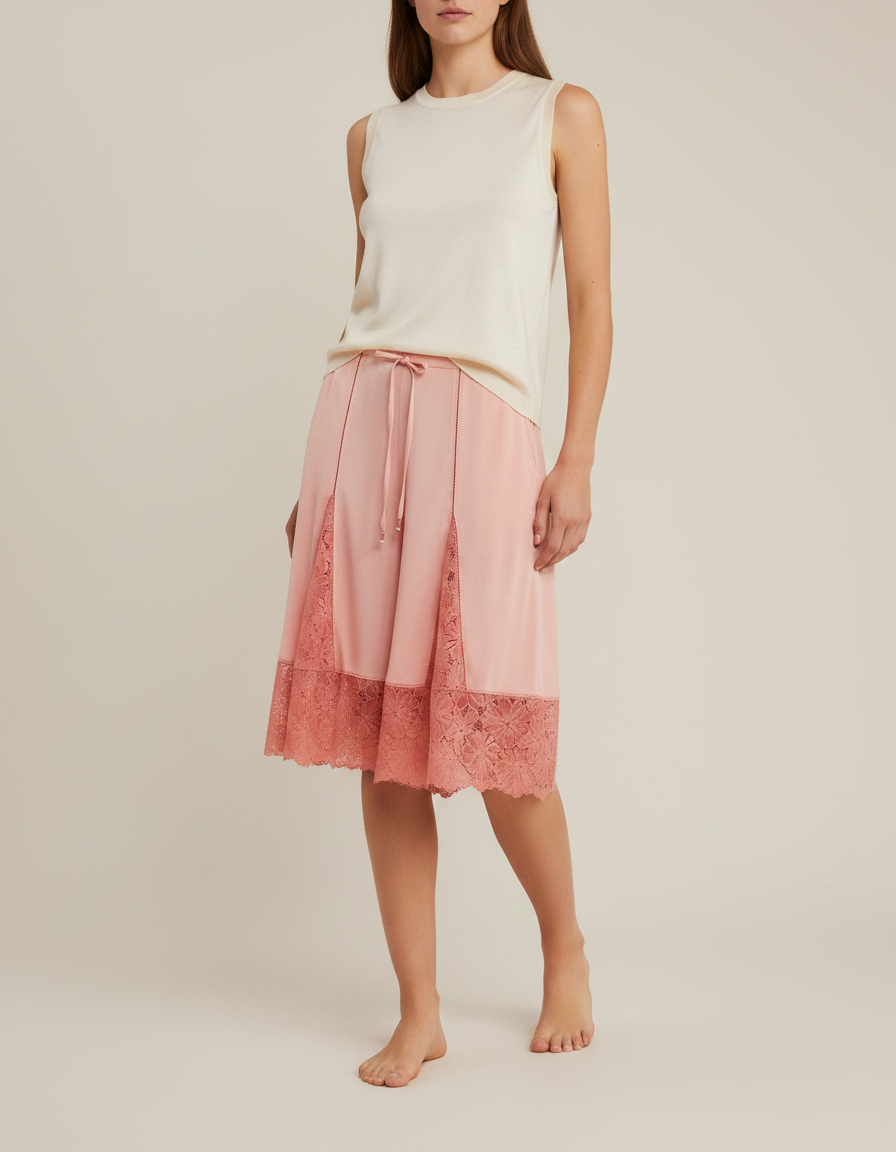 Pantalon Jupe Rose Satin Dentelle Fluide Ample