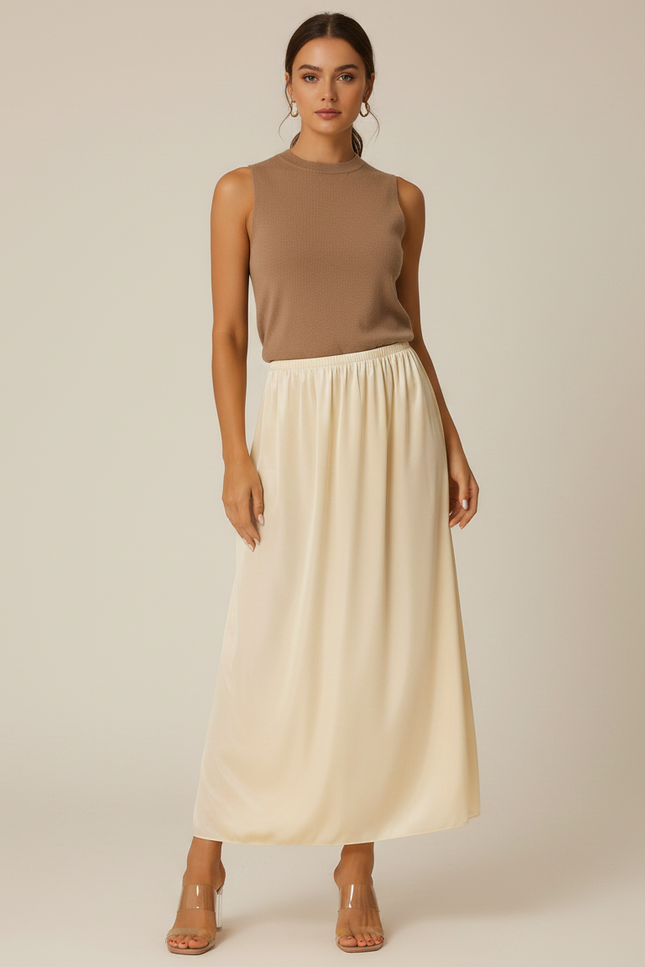 Pantalon Jupe Crème Satin Long Fluide Élégant - Beige
