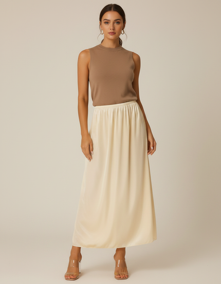 Pantalon Jupe Crème Satin Long Fluide Élégant - Beige
