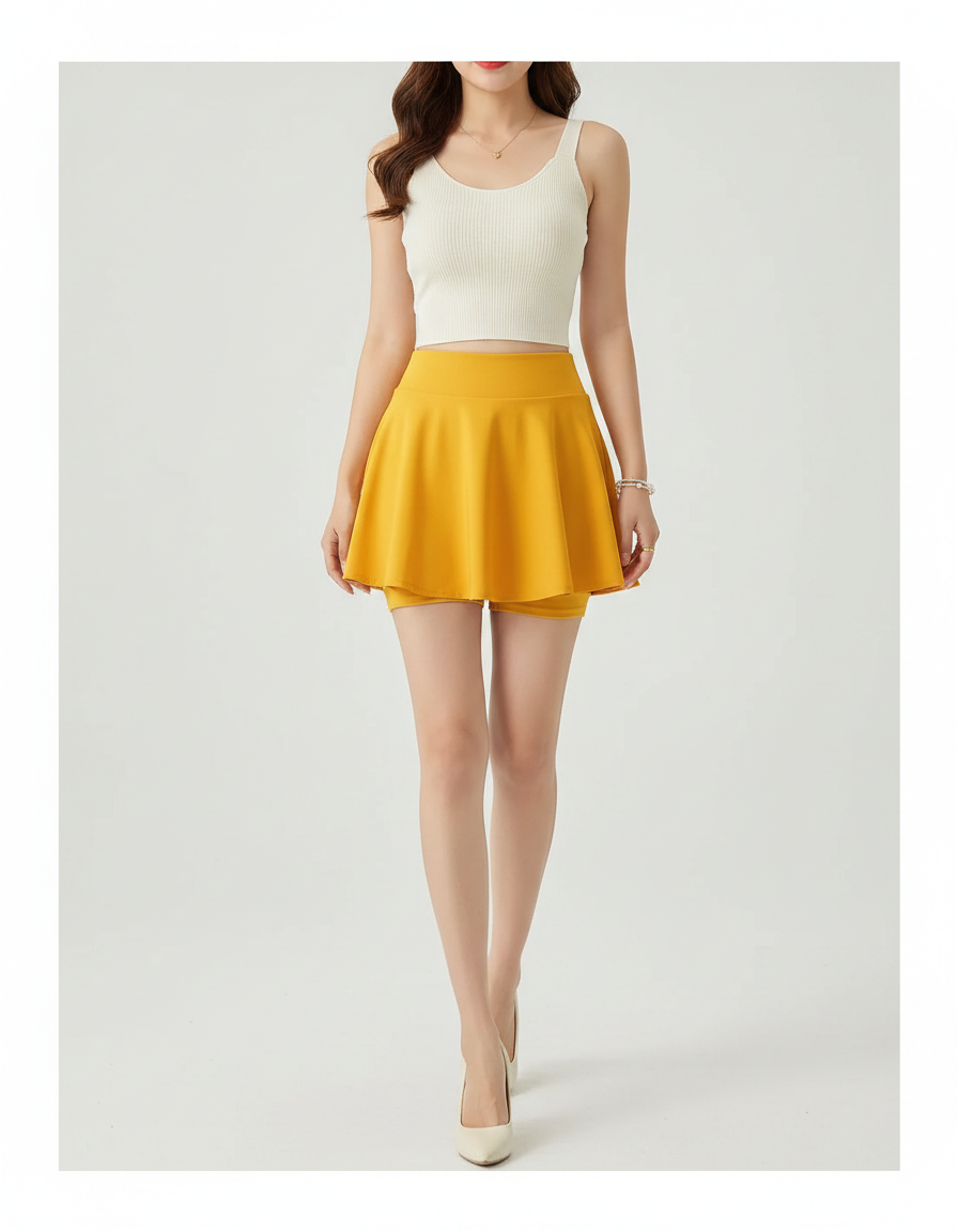 Pantalon Jupe Jaune Évasé Mini Fluide Décontracté - Polyester