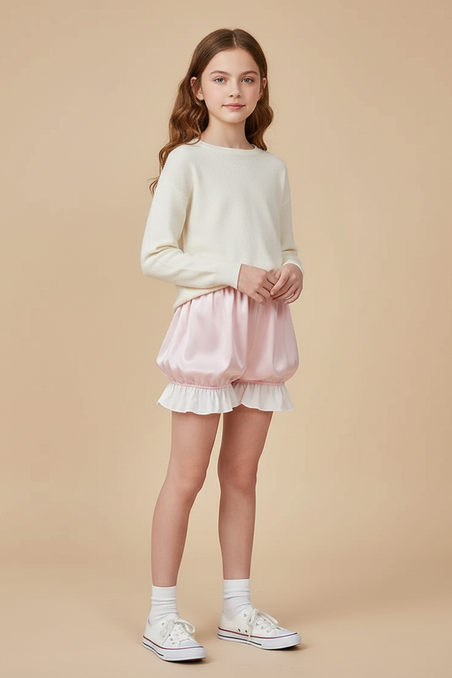 Pantalon Jupe Rose Satin Volants Bouffant Court