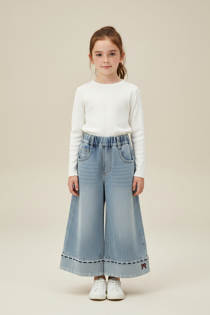 Pantalon Jupe Denim Ample Élastique Brodé Fille - Bleu Jean
