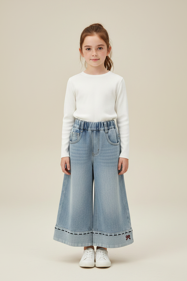 Pantalon Jupe Denim Ample Élastique Brodé Fille - Bleu Jean