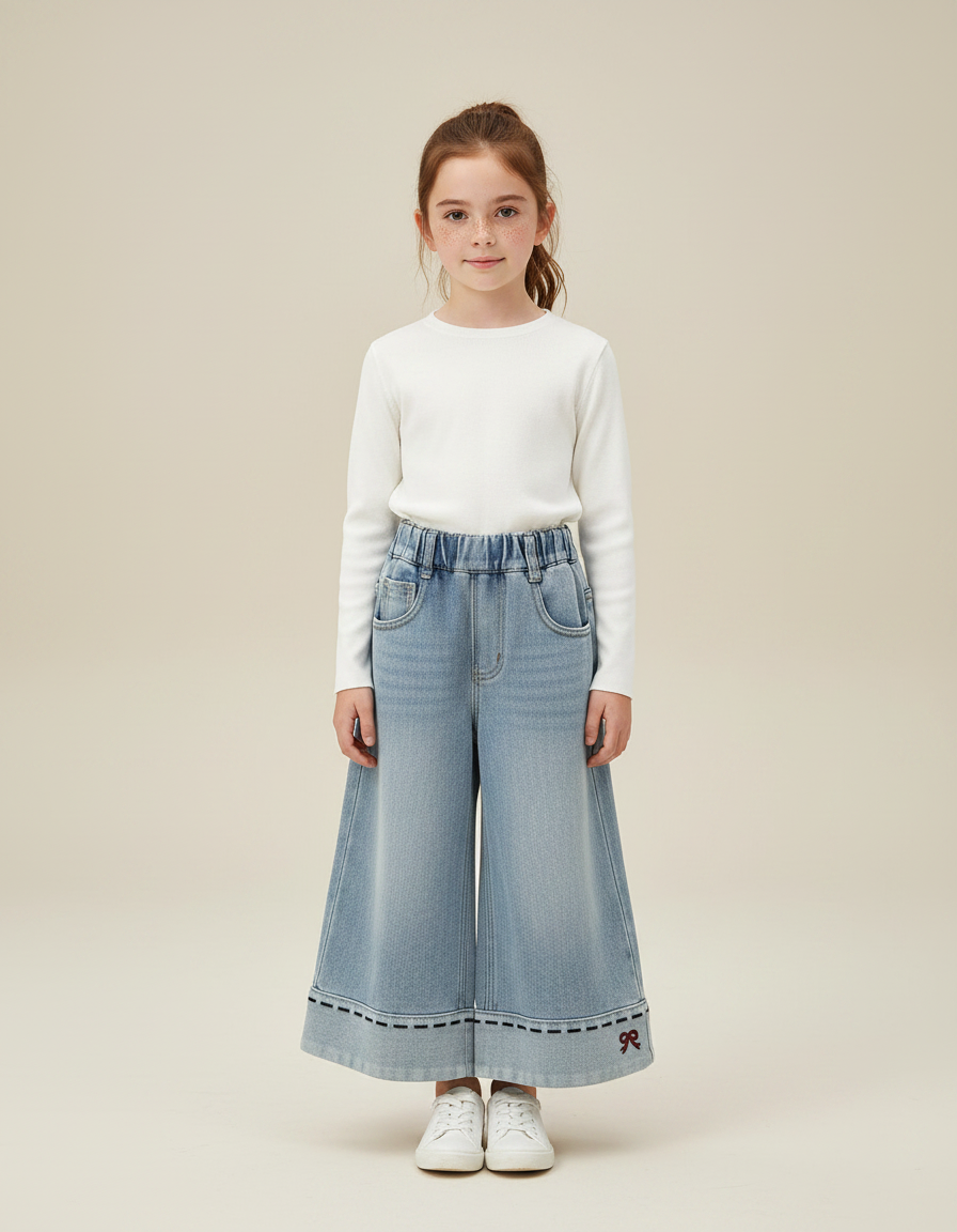 Pantalon Jupe Denim Ample Élastique Brodé Fille - Bleu Jean
