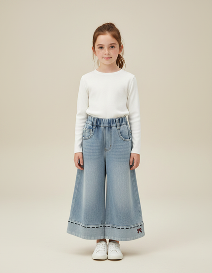 Pantalon Jupe Denim Ample Élastique Brodé Fille - Bleu Jean