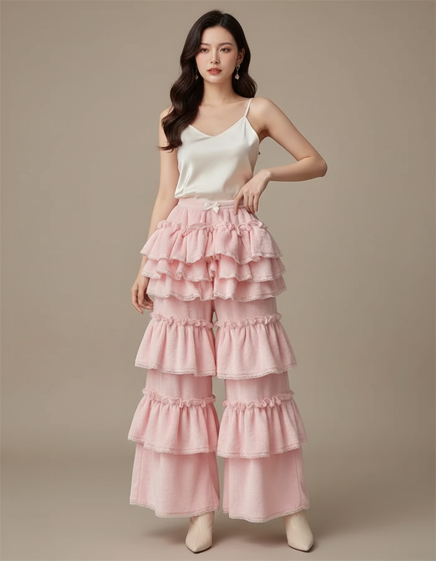 Pantalon Jupe Rose Volants Dentelle Doux Élégant Femme - Velours