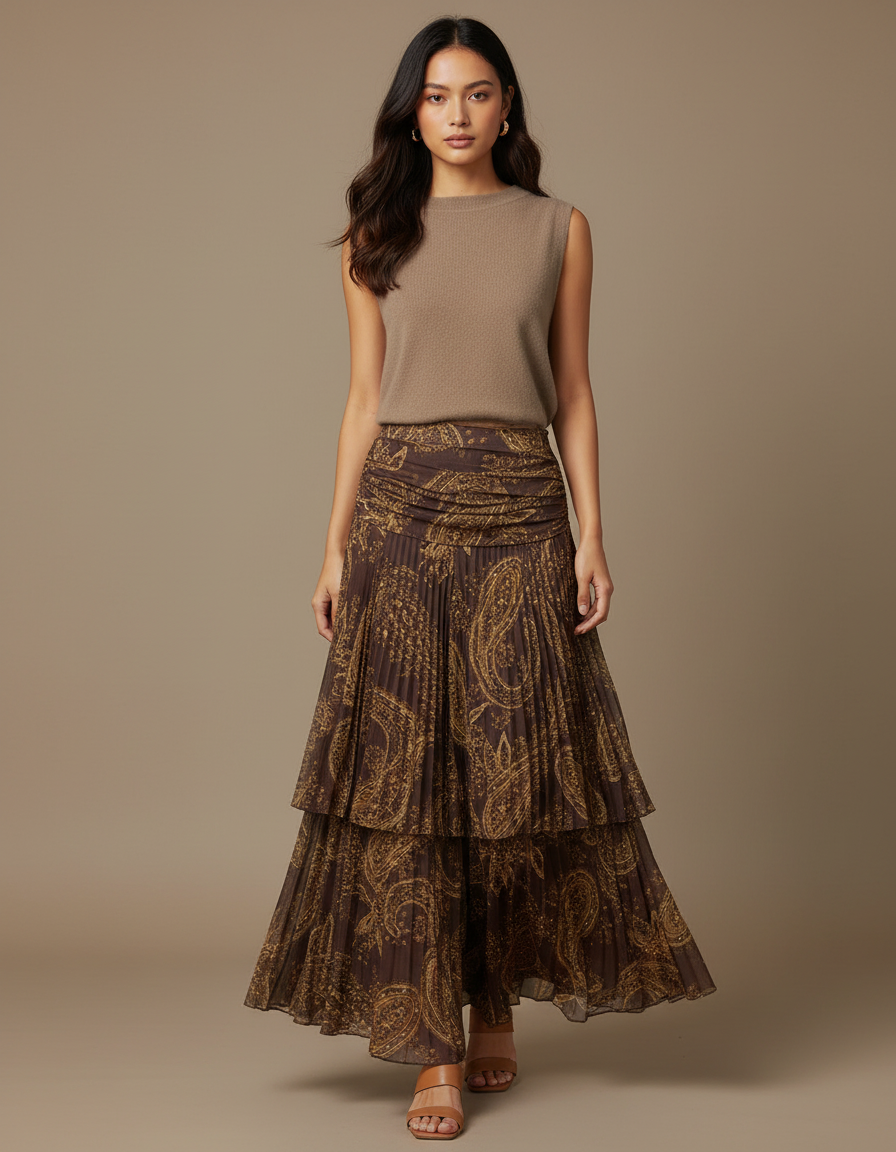 Pantalon Jupe Plissée Longue Imprimée Fluide Marron - Polyester