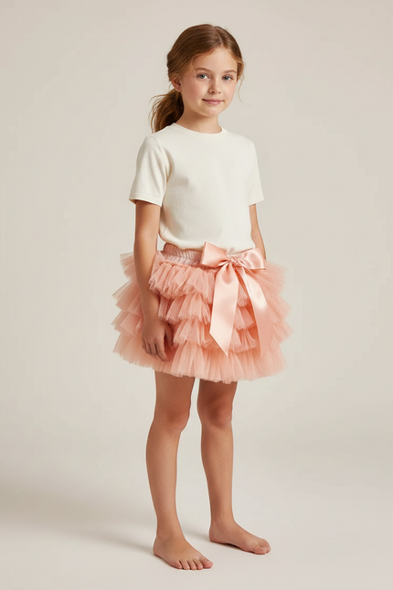 Pantalon Jupe Tulle Rose Volants Nœud Fille - Polyester