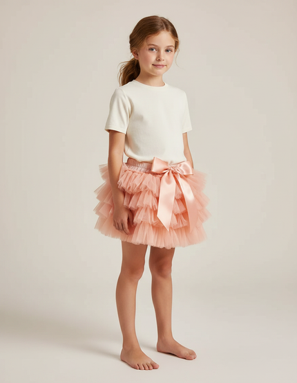 Pantalon Jupe Tulle Rose Volants Nœud Fille - Polyester