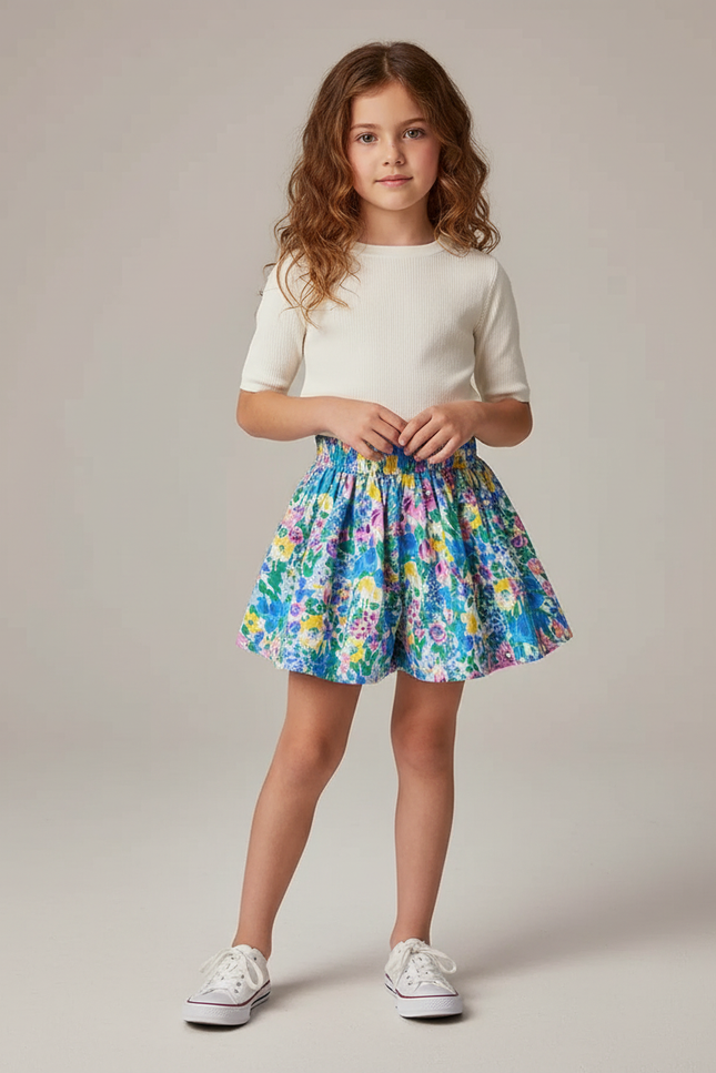 Pantalon Jupe Fleuri Coloré Élastique Ample Fille - Multicolore Coton