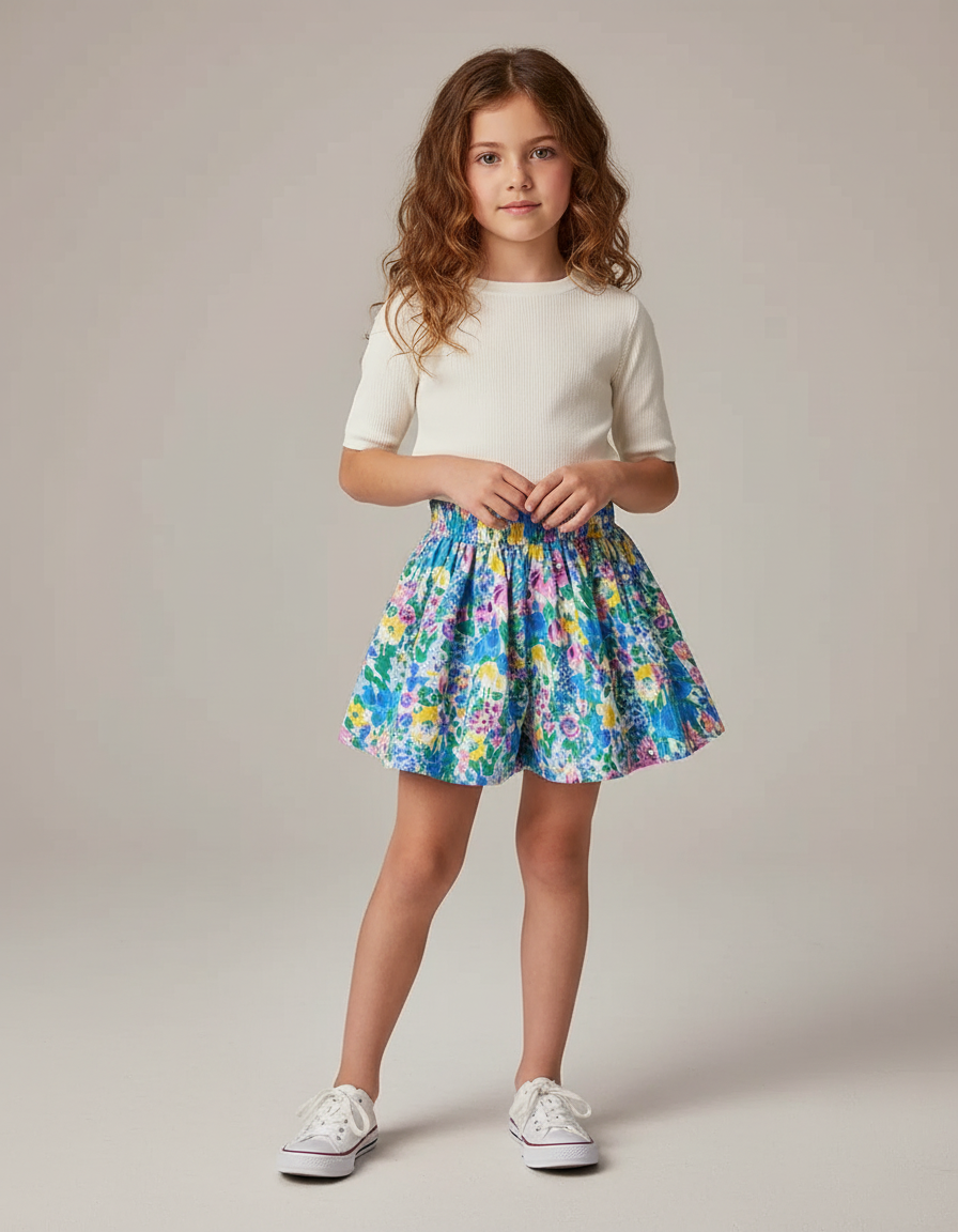 Pantalon Jupe Fleuri Coloré Élastique Ample Fille - Multicolore Coton
