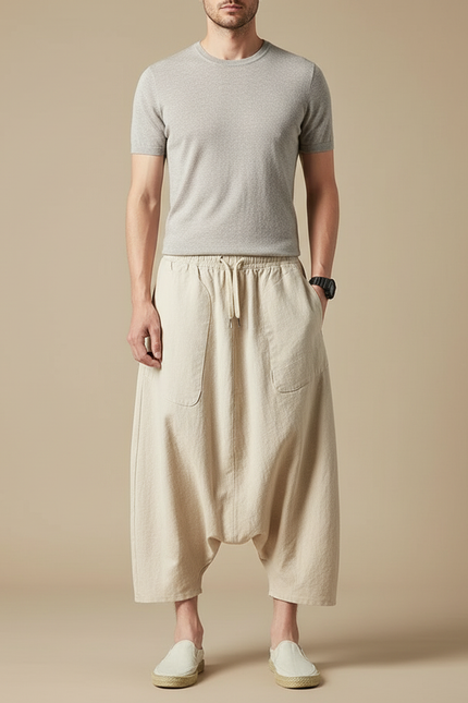 Pantalon Jupe Beige Lin Ample Décontracté Homme