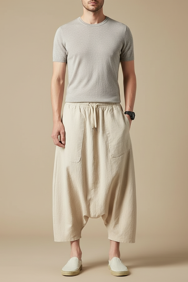 Pantalon Jupe Beige Lin Ample Décontracté Homme
