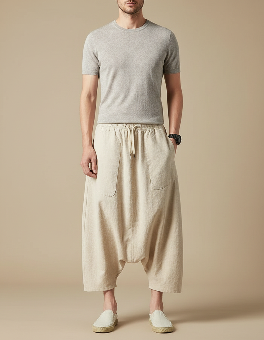 Pantalon Jupe Beige Lin Ample Décontracté Homme