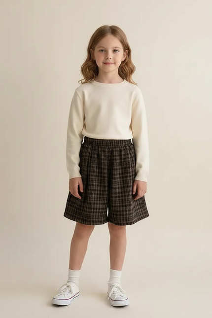 Pantalon Jupe Carreaux Marron Ample Élastique Fille - Tweed