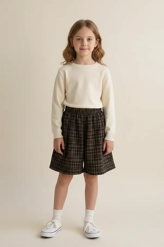 Pantalon Jupe Carreaux Marron Ample Élastique Fille - Tweed