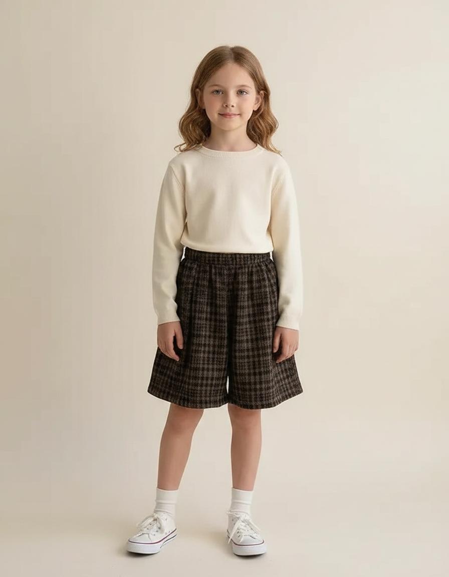 Pantalon Jupe Carreaux Marron Ample Élastique Fille - Tweed