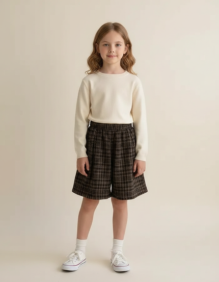 Pantalon Jupe Carreaux Marron Ample Élastique Fille - Tweed
